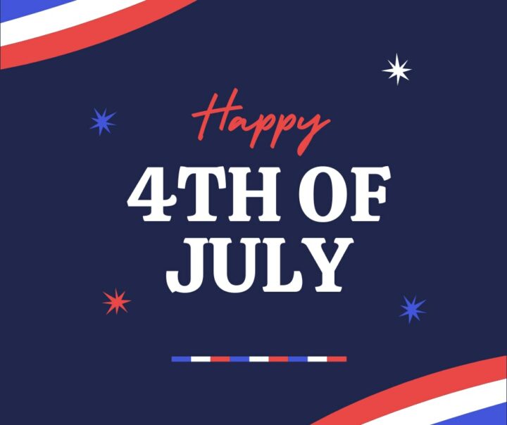 Message in white and red text says "Happy 4th of July 2023" THe background of the image is navy blue and the image includes red, white, and blue stars and bunting. Stroud National Agency, Inc. wishes everyone an excellent July 4th!