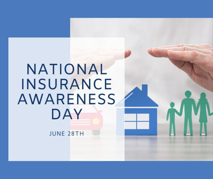 Image shows a drawing on white paper of a man, woman, and child in green, a blue house, and a red car. The overall background of the image is blue as is the text that states, "National Insurance Awareness Day June 28th" Stroud National Agency, Inc. celebrates National Insurance Awareness Day 2023.