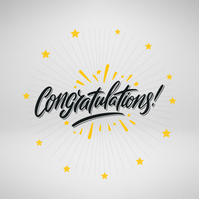 "Congratulations!" in blue font and underlined with yellow stars