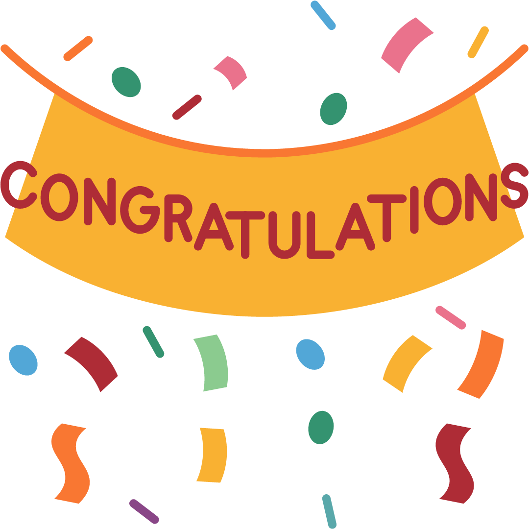 "Congratulations!" in dark red font on a yellow banner with multicolored confetti