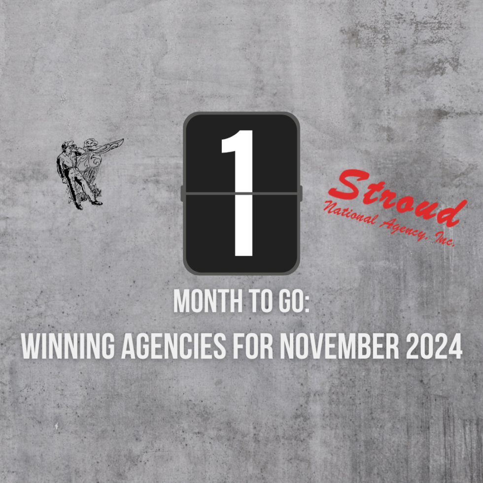 One Month to Go: Winning Agencies for November 2024; Stroud National Agency, Inc. A drawing for agents contracted with Farm and Ranch Insurance MGA Stroud National Agency, Inc., whose service area includes Texas, Kansas, and 16 other states in the midwestern, southwestern, and western United States.