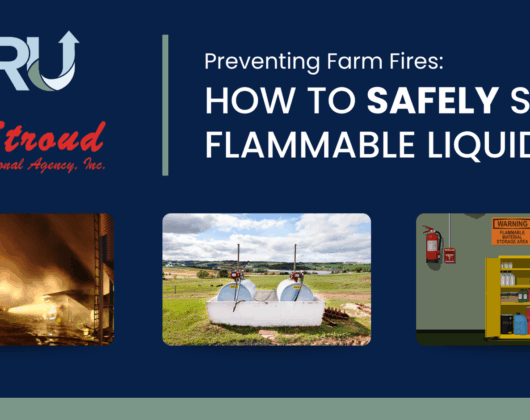 Farm fire prevention tips: image showing safe storage of flammable liquids on farms, including fire, fuel tanks, and a yellow safety cabinet; features Stroud National Agency and ARU logos.