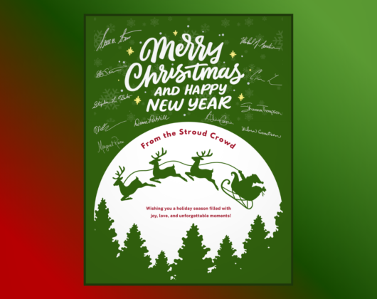 Stroud National âFrom the Stroud Crowdâ Merry Christmas and Happy New Year graphic, featuring Santaâs sleigh over pine trees, accompanies a Christmas farm and ranch insurance message for agents and partners.