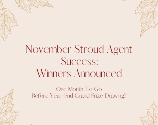 Graphic from farm and ranch insurance MGA and wholesale broker Stroud National Agency, Inc. showing fall leaves and the text âNovember Stroud Agent Success: Winners Announcedâ and âOne Month To Go Before Year-End Grand Prize Drawingâ