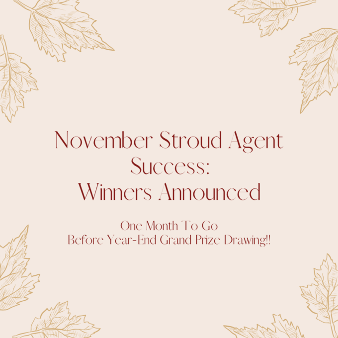 Graphic from farm and ranch insurance MGA and wholesale broker Stroud National Agency, Inc. showing fall leaves and the text “November Stroud Agent Success: Winners Announced” and “One Month To Go Before Year-End Grand Prize Drawing”