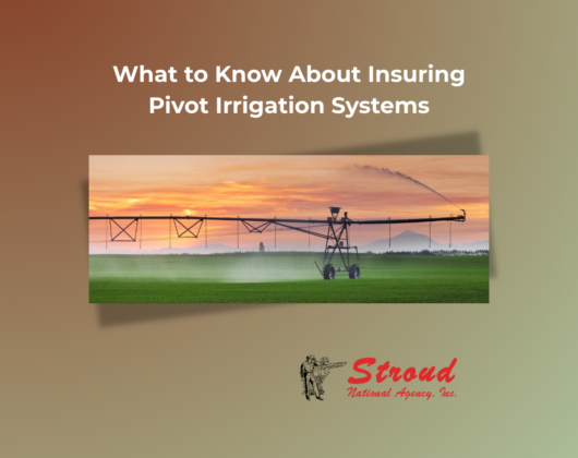 What to Know About Insuring Pivot Irrigation Systems - Stroud National Agency, Inc. - Image of a pivot irrigation system on a green field with an orange sunset in the background