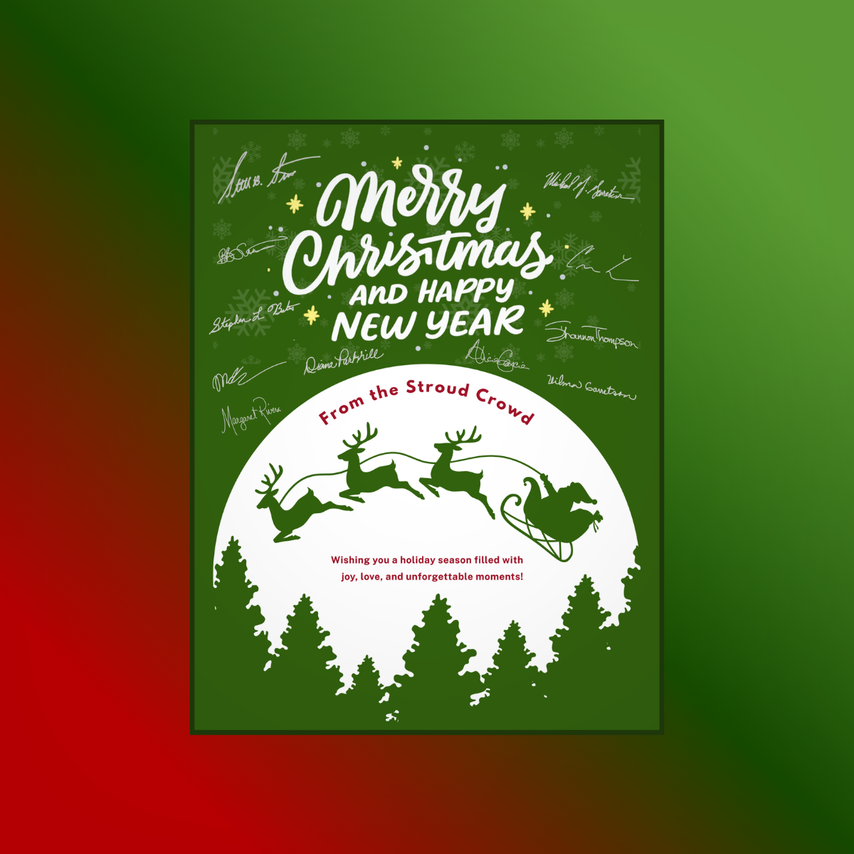 Stroud National ‘From the Stroud Crowd’ Merry Christmas and Happy New Year graphic, featuring Santa’s sleigh over pine trees, accompanies a Christmas farm and ranch insurance message for agents and partners.