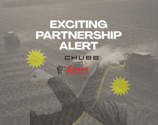 Commercial Ag Insurance from Chubb & Stroud – “Exciting Partnership Alert” graphic with elbow bump over blurred aerial farm fields and ag equipment, plus Chubb and Stroud National logos.