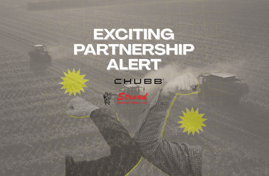 Commercial Ag Insurance from Chubb & Stroud – “Exciting Partnership Alert” graphic with elbow bump over blurred aerial farm fields and ag equipment, plus Chubb and Stroud National logos.