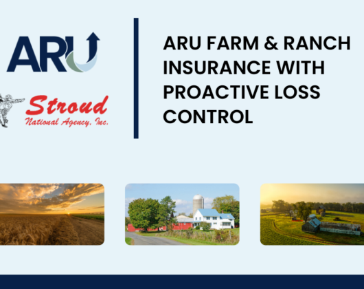 ARU and Stroud National Agency, Inc. logos and photos of three farm and ranch landscapes highlighting ARU farm and ranch insurance and their proactive loss control measures.
