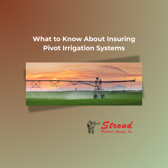 What to Know About Insuring Pivot Irrigation Systems - Stroud National Agency, Inc. - Image of a pivot irrigation system on a green field with an orange sunset in the background