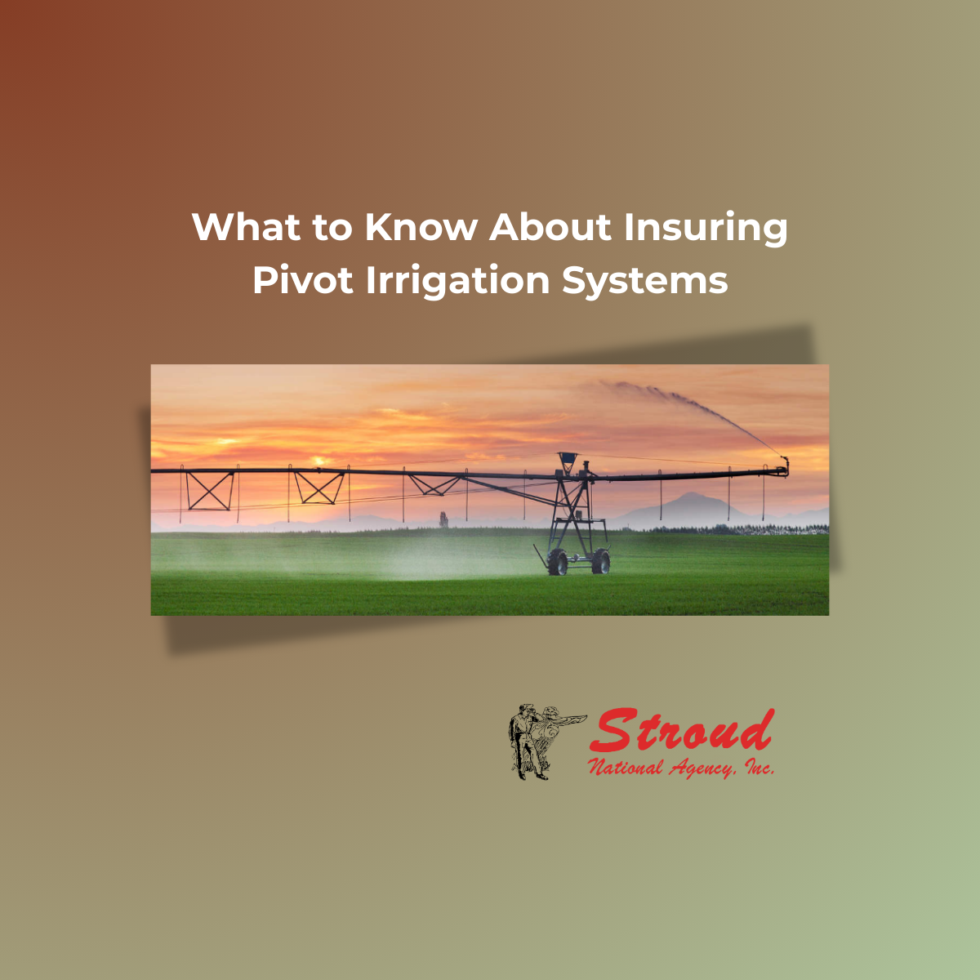 What to Know About Insuring Pivot Irrigation Systems - Stroud National Agency, Inc. - Image of a pivot irrigation system on a green field with an orange sunset in the background