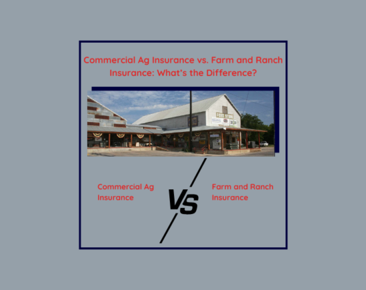 Commercial Agribusiness Insurance vs. Farm and Ranch Insurance graphic with a rural feed store and VS symbol highlighting a coverage comparison for agents.