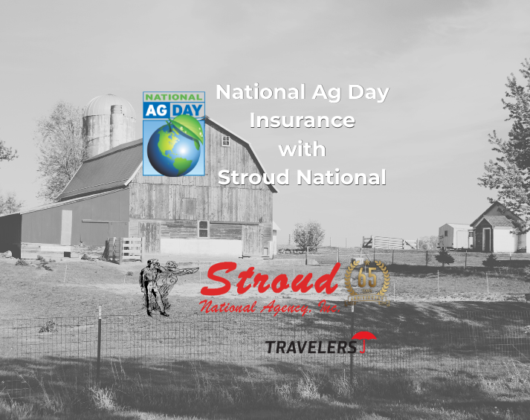 National Ag Day 2026 insurance graphic showing a gray barn with the National Ag Day logo, headline ‘National Ag Day Insurance with Stroud National,’ and Stroud National 65th anniversary and Travelers Agribusiness logos highlighting farm and ranch coverage for rural independent agents.