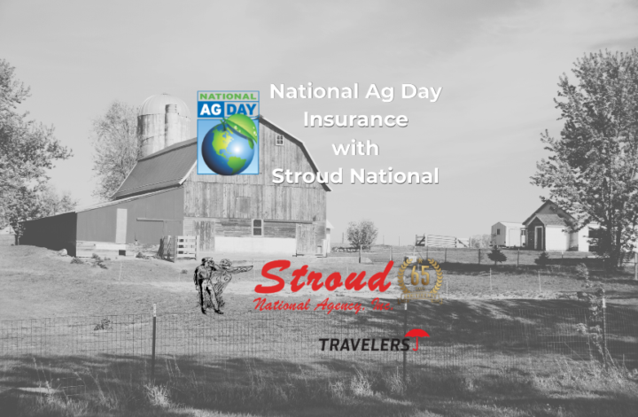 National Ag Day 2026 insurance graphic showing a gray barn with the National Ag Day logo, headline ‘National Ag Day Insurance with Stroud National,’ and Stroud National 65th anniversary and Travelers Agribusiness logos highlighting farm and ranch coverage for rural independent agents.