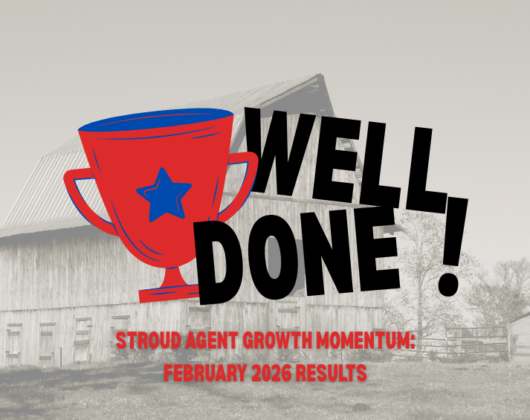 Illustration of a trophy and the words ‘Well done!’ over a farm barn background, highlighting Stroud agent growth momentum and the February 2026 Agent New Business Drawing results of MGA and wholesale broker Stroud National Agency, Inc.