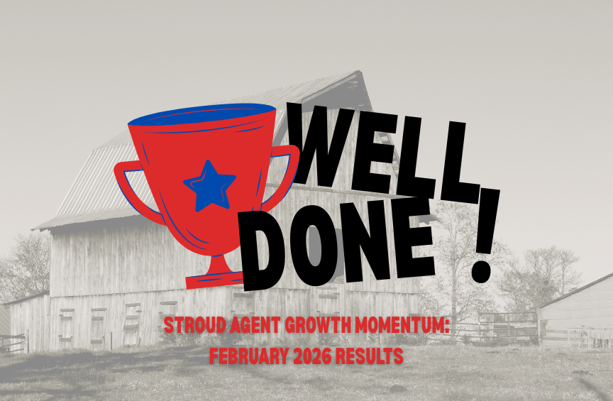 Illustration of a trophy and the words ‘Well done!’ over a farm barn background, highlighting Stroud agent growth momentum and the February 2026 Agent New Business Drawing results of MGA and wholesale broker Stroud National Agency, Inc.