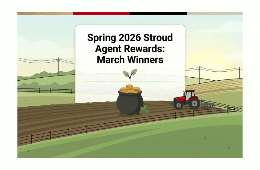 Spring 2026 Stroud Agent Rewards: March Winners; image of a rural field, red tractor, and pot of gold and clover leaf setting the scene for the announcement of Stroud National's March 2026 new business drawing winners.