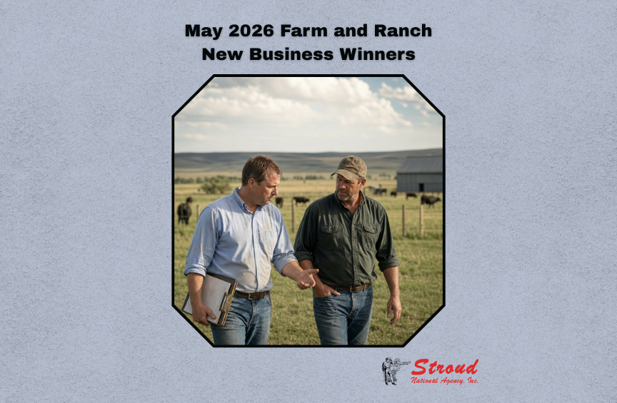 May 2026 farm and ranch new business drawing winner image, showing a farm and ranch insurance agent walking with a ranch client through a field beside the logo of MGA and wholesale broker Stroud National Agency, Inc.