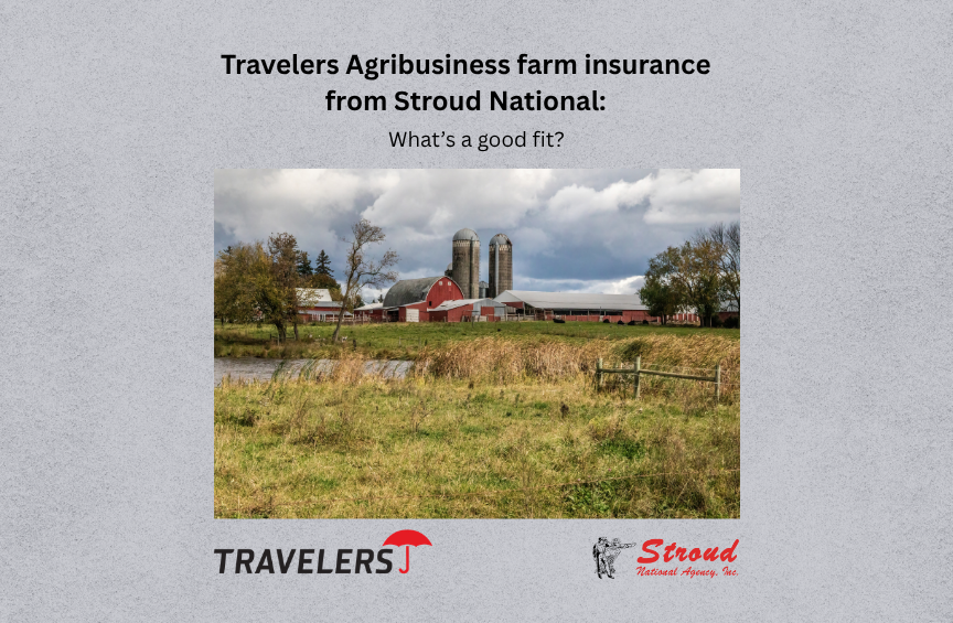 Travelers Agribusiness farm insurance from Stroud National: What’s a good fit? Graphic featuring a Chisago City, Minnesota farm with red barn, two silos, and a pond under a dramatic sky.