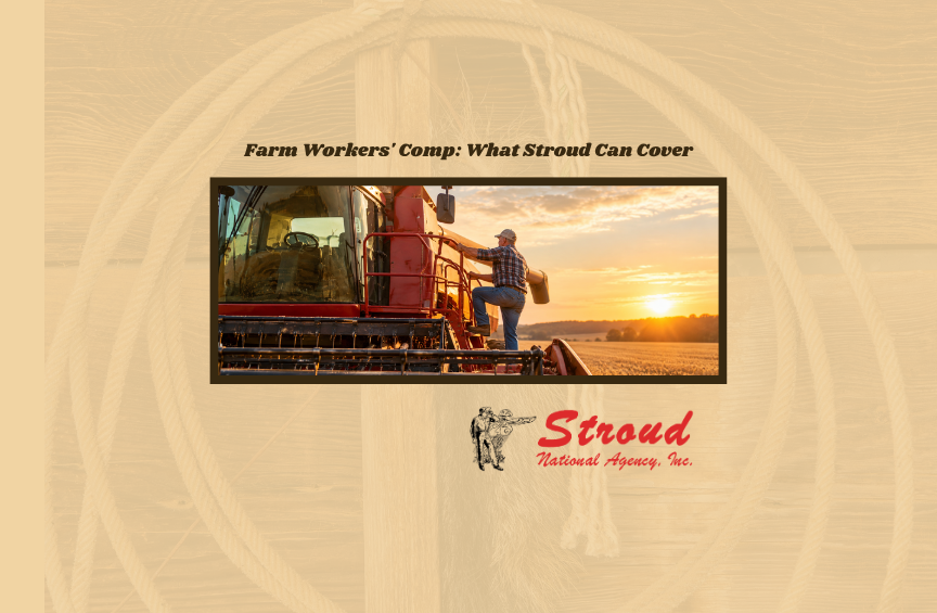 Farm Workers’ Comp: What Stroud Can Cover. Farmer climbing into a combine at sunset. Stroud National Agency, Inc., a farm and ranch insurance MGA.