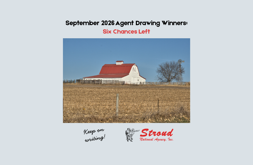 Farm and ranch MGA and wholesale broker Stroud National Agency, Inc. announces September 2026 agent drawing winners: six chances left. Photo showing a white barn with a red roof and the letter N on it, set against a harvested field in rural Nebraska.